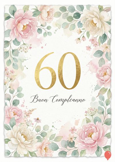 Biglietto di auguri con fiori acquerello rosa e crema, bordo irregolare. Al centro, numero «60» dorato e scritta «Buon Compleanno» in corsivo nero. Sfumature verdi e rosa.