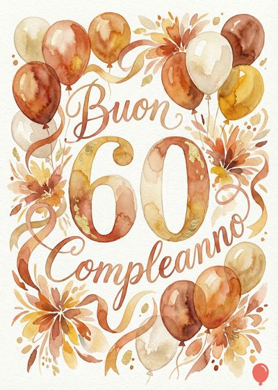 Acquerello con palloncini marroni, beige e gialli, foglie e nastri.  Al centro «Buon 60 Compleanno» in calligrafia marrone, con decorazioni dorate sui numeri. Stile delicato.