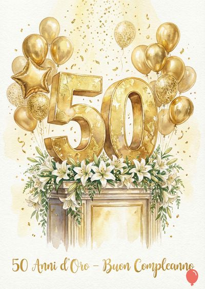 Un’acquerello di buon compleanno. Al centro, numeri dorati «50» sopra fiori. Palloncini dorati fluttuano. Sotto, una struttura dorata. Scritta dorata: «50 Anni d’Oro – Buon Compleanno». Confetti dorati fluttuano. Stile pittorico.