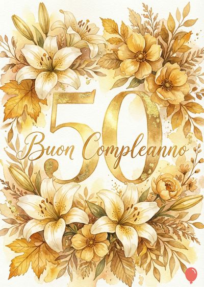 Cerchio floreale con gigli e fiori gialli. In evidenza, il numero «50» dorato e la scritta dorata «Buon Compleanno». Stile acquerello, colori tenui: giallo, bianco, marrone.