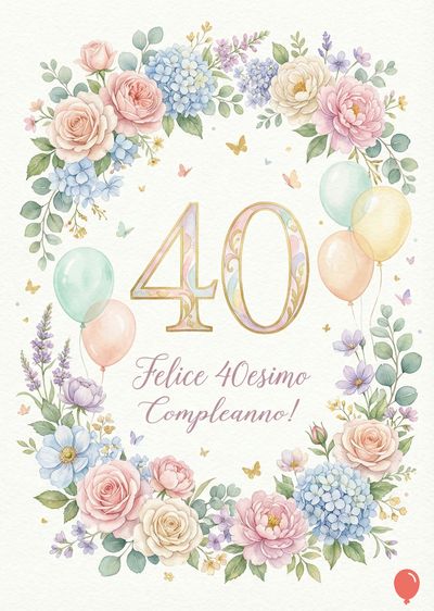 Cerchio floreale acquerellato con rose, ortensie, lavanda e farfalle. Palloncini e numero «40» stilizzato. Scritta «Felice 40esimo Compleanno!». Sfumature pastello su sfondo bianco-crema.