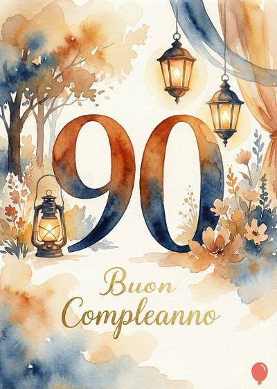 Acquerello con numero «90» in marrone e blu, lanterne, fiori e alberi stilizzati. Scritta dorata «Buon Compleanno». Stile pittorico.
