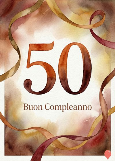 Due elementi numerici «50» in marrone acquerello su sfondo bianco, con la scritta «Buon Compleanno». Nastrini acquerellati marroni, gialli e porpora decorano il bordo.