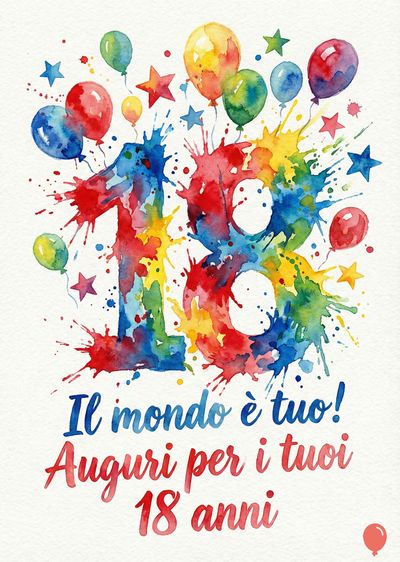 Biglietto di auguri per il diciottesimo compleanno. Numero «18» stilizzato con colori arcobaleno. Sulla parte superiore, palloncini e stelle. Scritte: «Il mondo è tuo! Auguri per i tuoi 18 anni».