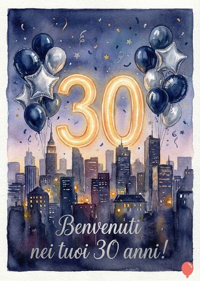 Acquerello. Skyline notturno con edifici stilizzati. Numeri dorati «30» fluttuanti, circondati da palloncini blu e argento, alcuni a forma di stella. Sopra, stelle e coriandoli. In basso, la scritta argentata: «Benvenuti nei tuoi 30 anni!».