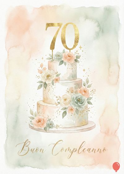 Dipinto acquerello di torta a tre piani con fiori rosa e azzurri. Sopra, numero « 70 » dorato. Scritta dorata « Buon Compleanno » in basso. Sfumature beige e verde acqua.