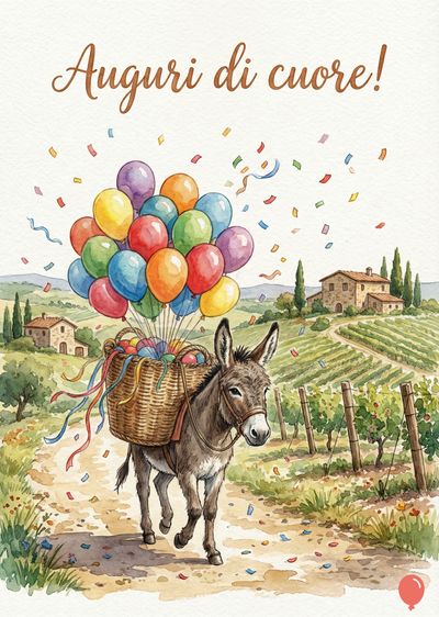 Un asinello grigio trasporta un cesto pieno di palloncini colorati. Sopra, un bouquet di palloncini multicolore. Sullo sfondo, un paesaggio collinare con case e vigne. Scritte: « Auguri di cuore! » in alto. Stile acquerello.