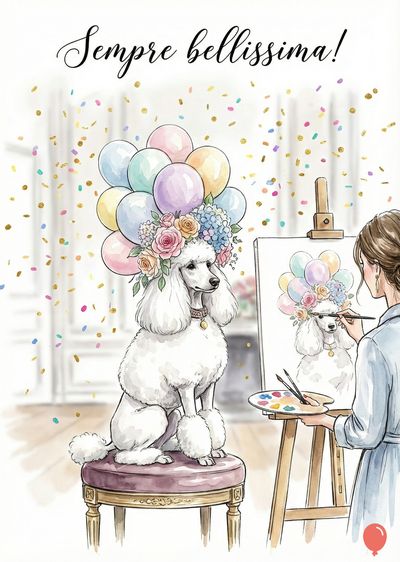 Un barboncino bianco seduto con un copricapo di fiori e palloncini, dipinto da una donna. Sullo sfondo si legge « Sempre bellissima! ».  Colori tenui.