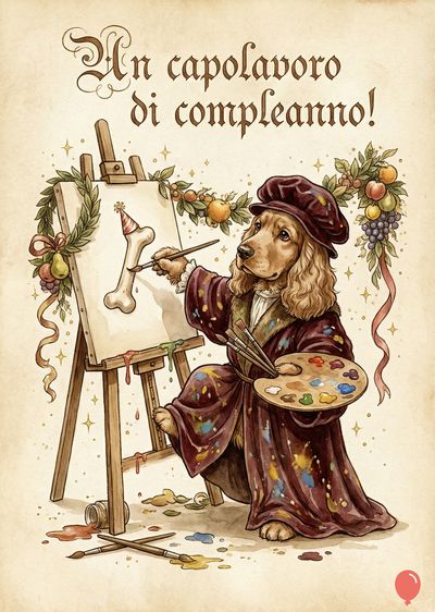 Un cane cocker dipinge una festa di compleanno su una tela. Indossa un abito rosso scuro. C'è scritto in altro «Un capolavoro di compleanno!». Palette, pennelli e frutta sono elementi decorativi. Stile cartone animato.