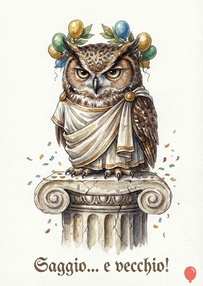 Un gufo dipinto, con piume marroni e occhi gialli, indossa una toga bianca con finiture dorate. Sul capo una corona di foglie e palloncini. È poggiato su una colonna, circondato da coriandoli.  In basso la scritta «Saggio... e vecchio!».