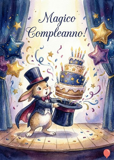 Un coniglio mago, con cappello a cilindro, porge un cappello aperto da cui esce una torta multistrato con candele. Palloncini, coriandoli e stelle dorate nell'aria. Sul palco, drappeggio blu su entrambi i lati. Scritta: «Magico Compleanno!».