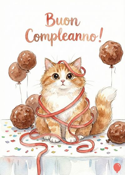 Un gatto arancione e bianco è avvolto in un nastro rosso, con palloncini marroni e coriandoli su un tavolo. In alto, la scritta «Buon Compleanno!» in arancione. Stile ad acquerello.