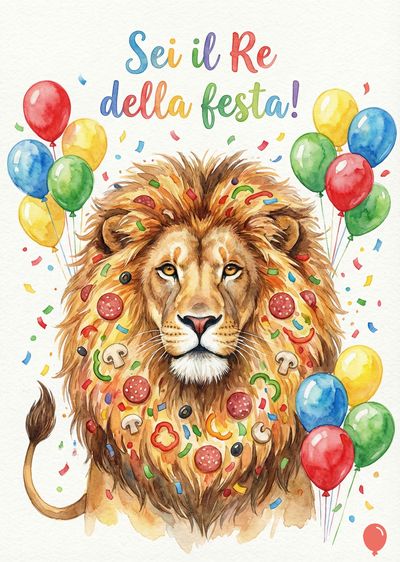 Dipinto acquerello di un leone con una criniera a pizza. Palloncini colorati e coriandoli circondano il leone. Scritto con colori arcobaleno «Sei il Re della festa!».