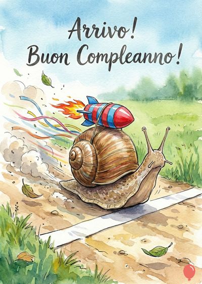 Un'acquerello raffigura una lumaca con un razzo. Il guscio della lumaca è marrone, il razzo ha strisce rosse e blu, con fiammate. Sullo specchio d'acqua, la scritta in nero: «Arrivo! Buon Compleanno!». Lo stile è illustrativo. Cielo azzurro.