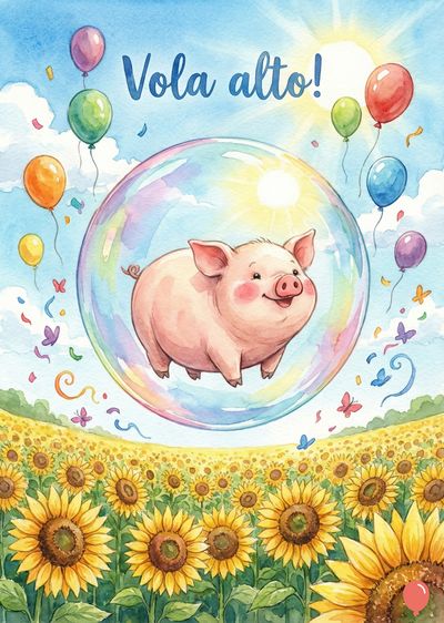 Un maialino rosa dentro una bolla di sapone fluttua verso l’alto. Intorno, palloncini colorati e farfalle. In alto, cielo azzurro e la scritta «Vola alto!». Sotto, campo di girasoli.