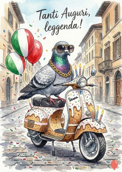 Un piccione con occhiali e collana d'oro su Vespa decorata, con palloncini tricolore. Il ciclomotore è a tema torta e candeline. Edifici e strada ciottolata. Scritta: «Tanti Auguri, leggenda!».