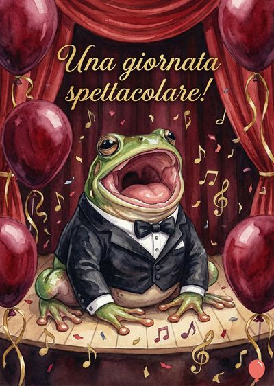Rana antropomorfa in abito da sera, con bocca spalancata. Palloncini bordeaux e sipario rosso sullo palco. Note musicali dorate fluttuano. Scritta dorata: «Una giornata spettacolare!».