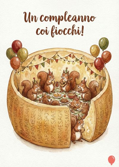 Acquerello con una forma di formaggio circolare che ospita scoiattoli festanti.  Hanno cappelli da festa e palloncini; ghirlanda con luci e bandierine. Sul formaggio «PARMESAN» ripetuto. Scritta in alto: «Un compleanno coi fiocchi!».