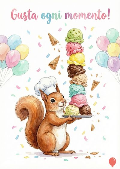 Un acquerello raffigurante uno scoiattolo con cappello da chef che regge un vassoio di gelato a più gusti. Sopra, palloncini e coriandoli, e la scritta «Gusta ogni momento!».