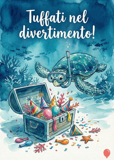 Una tartaruga subacquea con boccaglio e maschera sopra un forziere pieno di allegria. Intorno, elementi marini e coriandoli. In alto, la scritta bianca «Tuffati nel divertimento!». Stile acquerello.