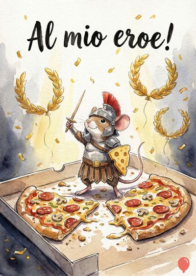 Un topo romano guerriero con spada e scudo di formaggio su pizza in una scatola. Sopra, ghirlande dorate e coriandoli gialli. Scritta «Al mio eroe!». Acquerello.