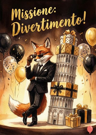 Un volpe antropomorfa in abito nero e occhiali attraversa un arco di palloncini e pacchi regalo. Accanto a lui una pila di pacchi e una riproduzione stilizzata della Torre di Pisa. Il titolo recita «Missione: Divertimento!».