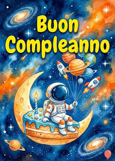 Un astronauta seduto su una luna a forma di torta, tiene palloncini a forma di pianeti e razzi. Stelle e galassie sullo sfondo blu. La scritta «Buon Compleanno» in giallo.