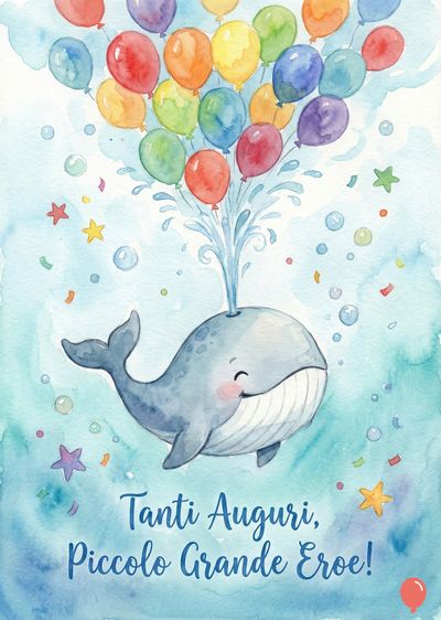 Acquerello con una balena grigia che spruzza acqua e palloncini colorati. Sopra, palloncini. Frase blu: «Tanti Auguri, Piccolo Grande Eroe!». Elementi decorativi: bolle, stelle.