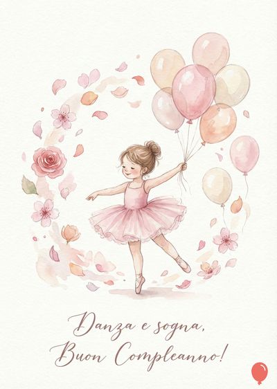 Una ballerina in tutù rosa tiene palloncini. Intorno, fiori e petali rosa e arancioni. Sopra la scritta: «Danza e sogna, Buon Compleanno!» Stile acquerello.