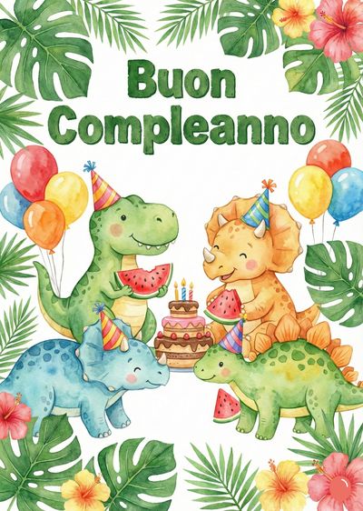 Illustrazione con dinosauri, palloncini e torta. In alto, scritta verde «Buon Compleanno». Dinosauri con cappelli a cono mangiano anguria. Fiori e foglie verdi decorano i bordi. Stile acquerello.
