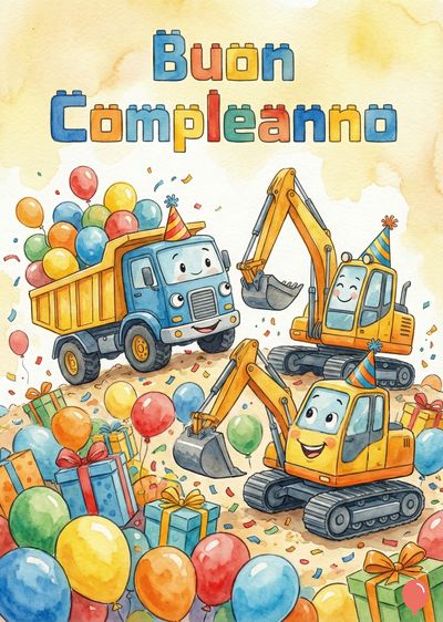 Un camion blu con palloncini, escavatori gialli e doni in un'atmosfera festosa. Sopra, in blocchi colorati, la scritta «Buon Compleanno». Stile acquerello.