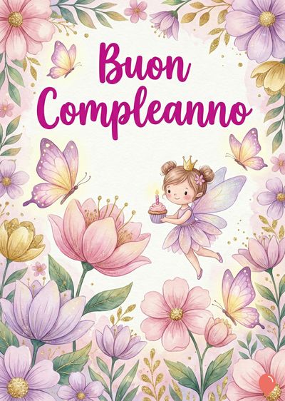 Acquerello con fiori rosa, viola e gialli. Farfalle e una fatina con cupcake. In alto, scritta in fucsia «Buon Compleanno». Stile delicato, con elementi dorati.