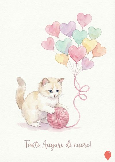 Un gattino beige con occhi blu, rivolto a sinistra, gioca con un gomitolo di lana rosa. Sopra, palloncini a forma di cuore, multicolore. Sotto, «Tanti Auguri di cuore!». Stile acquerello su sfondo bianco.