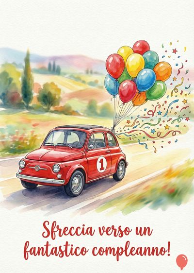 Un'auto rossa, con il numero «1», trasporta un gruppo di palloncini colorati. Sulla strada, sullo sfondo un paesaggio collinare. Scritta in rosso: «Sfreccia verso un fantastico compleanno!». Stile acquerello.