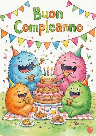 Quattro creature pelose colorate con cappelli a cono festeggiano. Un dolce a tre strati e festoni multicolore. In alto scritto «Buon Compleanno». Stile acquerello.