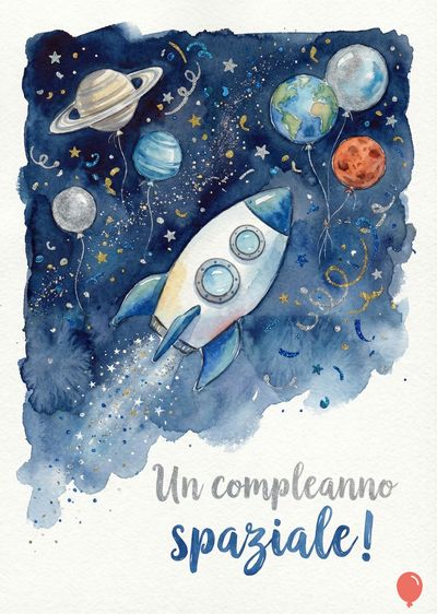Un'acquerello di un razzo bianco e blu vola in uno spazio blu scuro decorato con stelle e pianeti colorati a palloncino. Scritta grigia e blu: «Un compleanno spaziale!». Stile delicato.