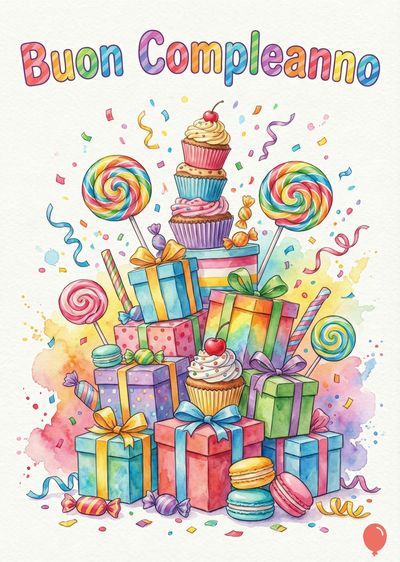 Grafica acquerello con elementi festivi: dolcetti, lecca lecca e pacchi regalo. Cromia vivace. In alto, scritta «Buon Compleanno» multicolore.
