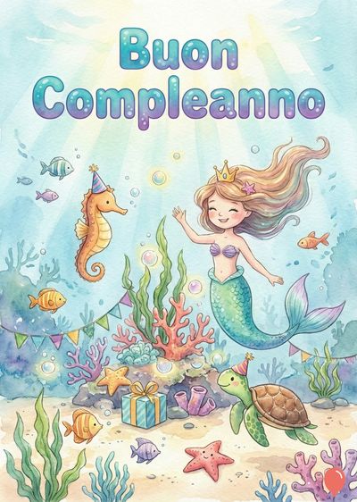 Una composizione acquerellata raffigura l'ambiente marino. In alto, la scritta «Buon Compleanno». Sirenetta e animali marini, alghe e coralli colorati. Presenti: cavalluccio marino, tartaruga, pesci e una stella marina.