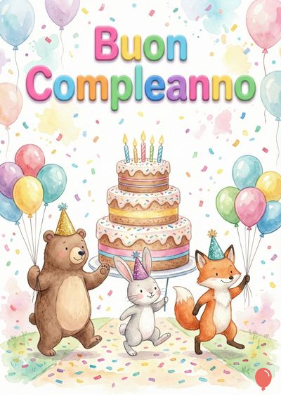 Illustrazione di compleanno con un orsetto, un coniglio e una volpe, ognuno con cappello a cono. Torta a tre piani decorata. Palloncini e coriandoli colorati. Scritta in alto: «Buon Compleanno».
