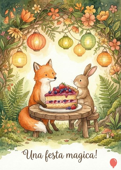 Un volpe e un coniglio seduti a un tavolo con una torta decorata con frutta. Sopra di loro, lanterne arancioni e verdi sospese. Intorno, fiori e vegetazione. Sotto, «Una festa magica!».