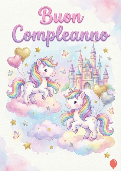 Unicorno in stile acquerello con criniera arcobaleno, su nuvole. Mongolfiere a cuore e stella dorate, castello rosa chiaro. Farfalle e stelle sparse. Sopra, scritta «Buon Compleanno» in rosa e viola.