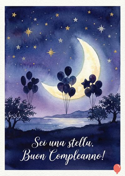 Acquerello di notte stellata con luna crescente gialla. Palloncini neri fluttuano. Sullo sfondo, mare e alberi stilizzati. Scritta bianca: « Sei una stella. Buon Compleanno! »