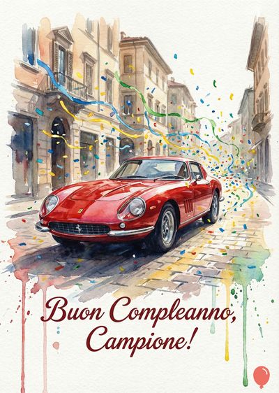 Un'acquerello di una macchina sportiva rossa parcheggiata su una strada acciottolata. Sopra, festoni colorati e coriandoli. In basso, la scritta «Buon Compleanno, Campione!». Lo stile è pittorico.