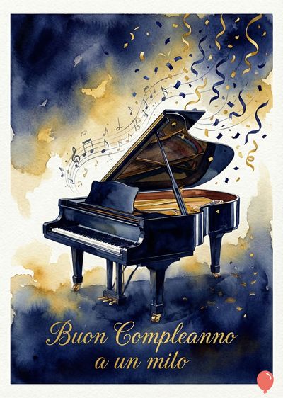 Un pianoforte a coda nero con dettagli dorati su un acquerello blu e oro. Note musicali e coriandoli dorati fluttuano. Scritta dorata: «Buon Compleanno a un mito».