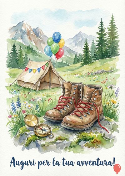 Acquerello di una scena di montagna. Zaini marroni con lacci rossi, tenda beige con ghirlanda colorata, bussola dorata, palloncini e fiori. Montagne sullo sfondo. «Auguri per la tua avventura!» scritto in blu.