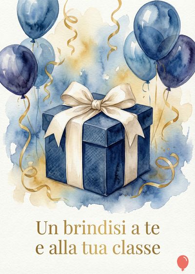 Acquerello con pacco regalo blu con fiocco bianco e palloncini blu. Nastri oro fluttuanti. In basso, la scritta dorata: «Un brindisi a te e alla tua classe». Stile pittorico.