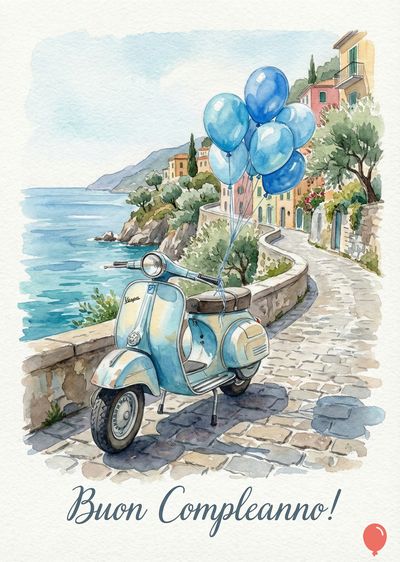 Acquerello di una Vespa azzurra con palloncini blu. Sullo sfondo, una strada costiera con case colorate e mare. Scritta: «Buon Compleanno!».