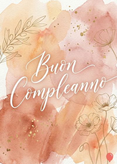 Acquerello con macchie arancioni e rosa. Traccia di rami e fiori. Scritta calligrafica bianca «Buon Compleanno». Punti dorati sparsi.