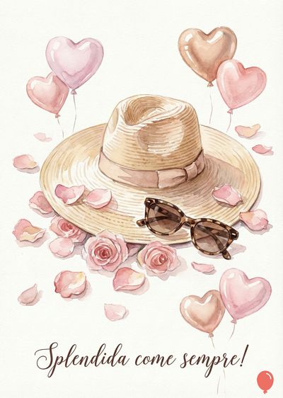 Un cappello di paglia, occhiali, palloncini a cuore e rose su superficie bianca. Rosa e beige prevalgono. Inscriptio: «Splendida come sempre!». Stile acquerello.