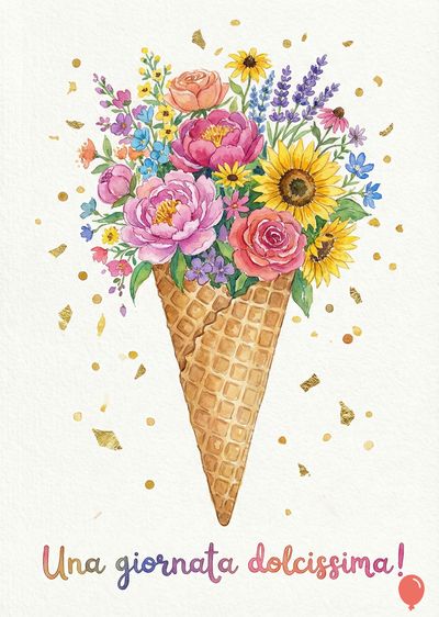 Un cono gelato in stile acquerello, marrone, ospita un bouquet di fiori colorati, tra cui peonie rosa, girasoli gialli. Altri fiori sono viola, rosa, blu e arancioni. Punti oro fluttuanti. In basso: «Una giornata dolcissima!».